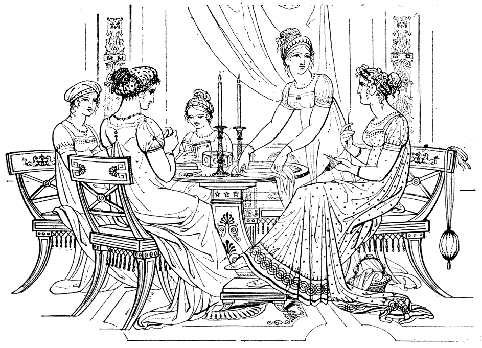 Desenho de jovens com a moda império no tempo da regência. 