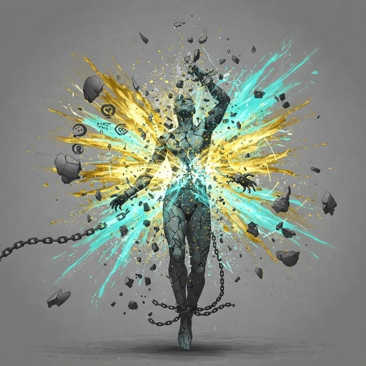 Figura humana se libertando de correntes, com explosões de luz azul e amarela ao fundo e fragmentos de pedra caindo. A imagem representa a quebra de padrões limitantes, simbolizando transformação, autoconhecimento e superação de barreiras internas e emocionais.