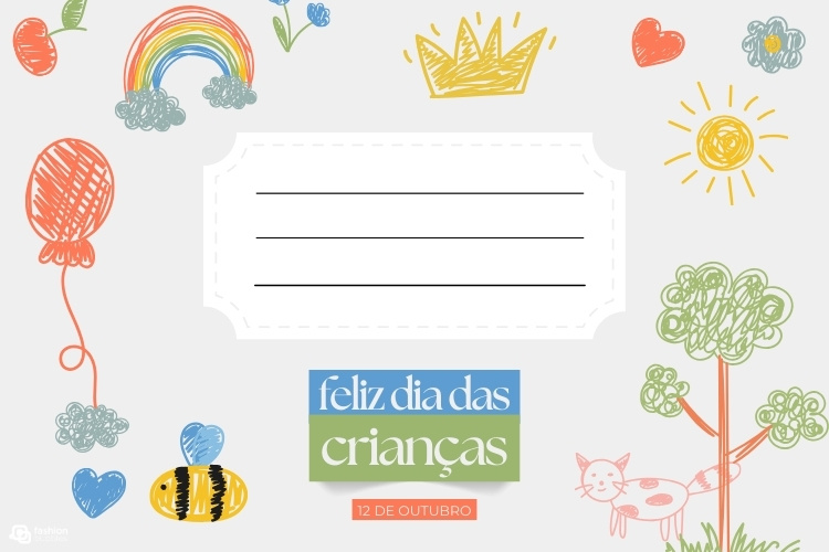 Card de fundo bege com desenhos de arco-íris, abelha, coroa, etc, e ticket com linhas para escrever