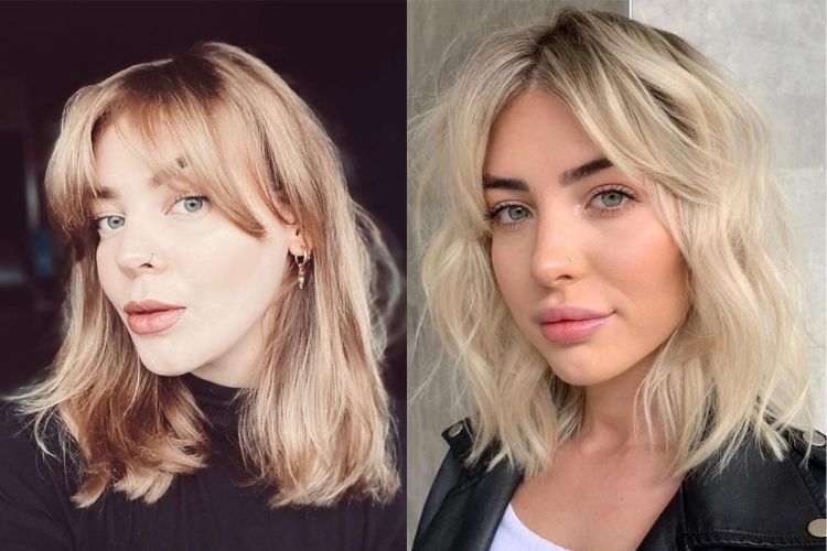 Duas mulheres com franja cortina cabelo médio
