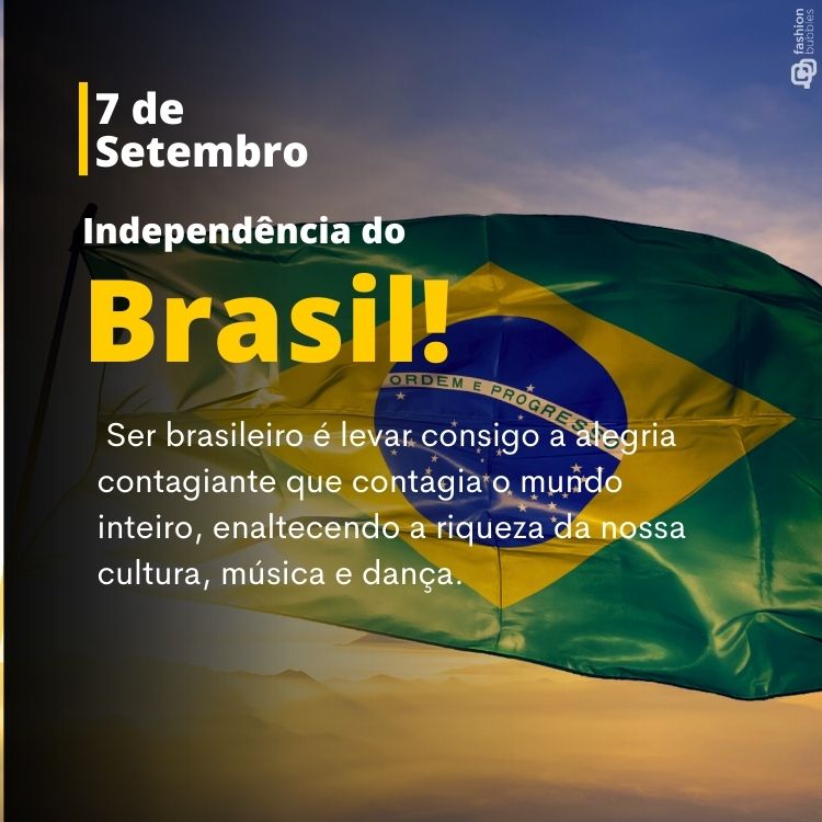 Foto de bandeira hasteada no gol e frase: Ser brasileiro é levar consigo a alegria contagiante que contagia o mundo inteiro, enaltecendo a riqueza da nossa cultura, música e dança.