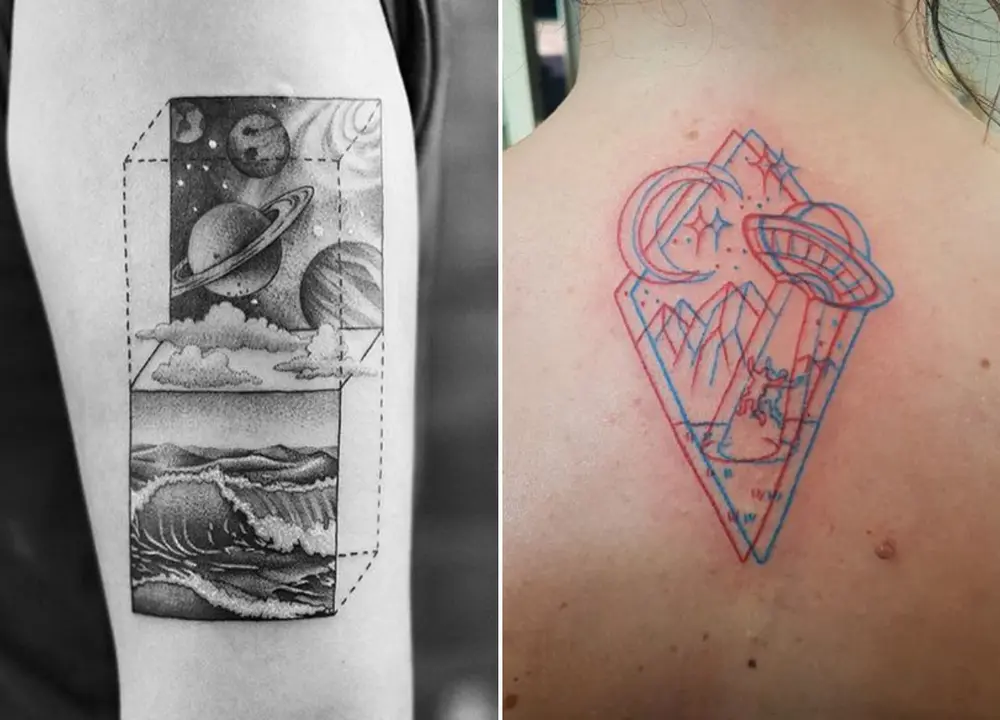 Tatuagem geométrica espacial e 3D