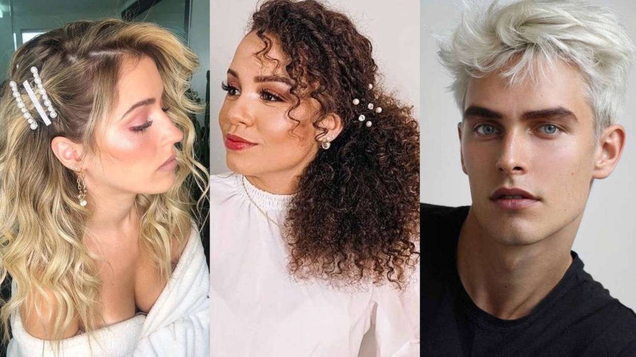 Montagem com foto de mulher loira de pele clara com presilha, mulher de pele morena com pérola e homem de cabelo platinado