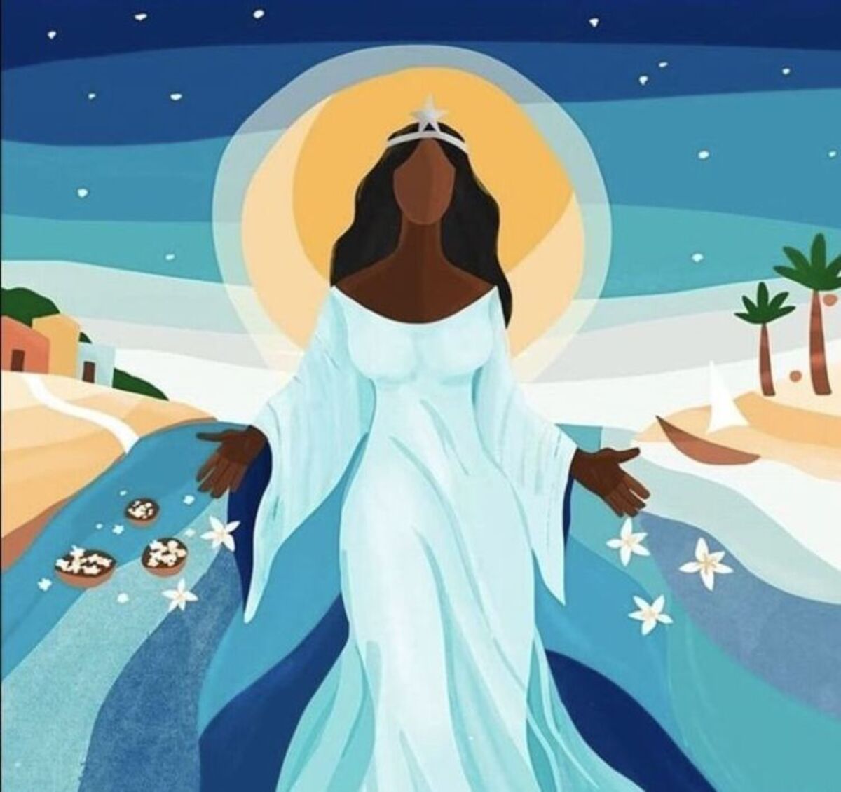 Ilustração de Iemanjá com oferendas no mar e praia ao fundo
