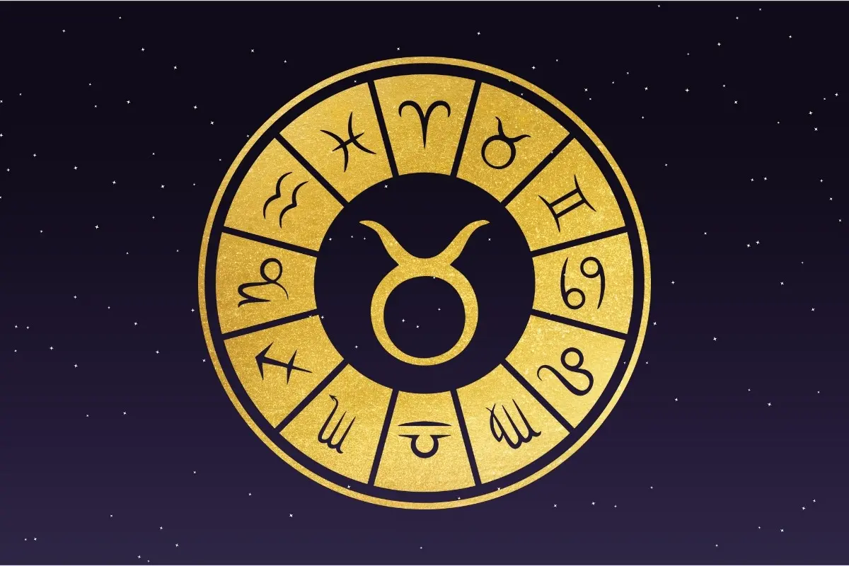 Fundo de céu estrelado com símbolo do signo de Touro, horóscopo do dia de hoje
