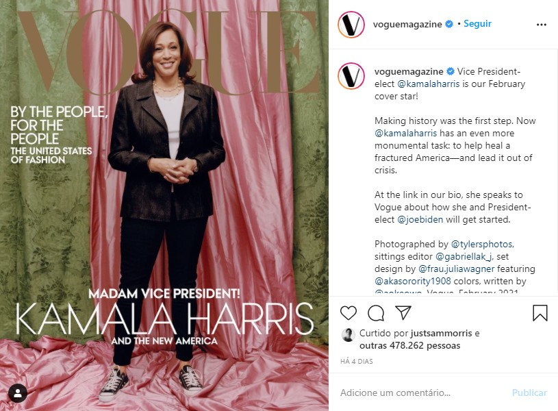 Capa da Vogue com Kamala Harris para a edição impressa de fevereiro. Fonte: Capa da Vogue com Kamala Harris para a edição impressa de fevereiro. Fonte: