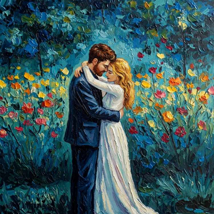 Pintura retrata um casal em um abraço íntimo. O homem veste um terno azul, a mulher, um vestido branco. Eles estão cercados por flores coloridas vibrantes, com tons de azul e verde no fundo, criando uma atmosfera romântica.
