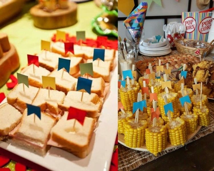 A imagem representa salgados de festa junina decorados com tags de bandeirinha