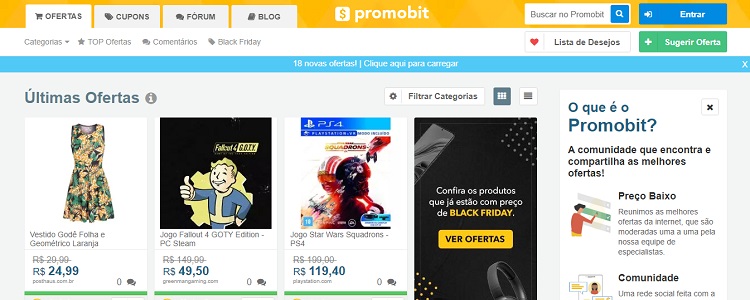 Página inicial do site Promobit em branco e laranja, com oferta de vestido e jogos de vídeogame