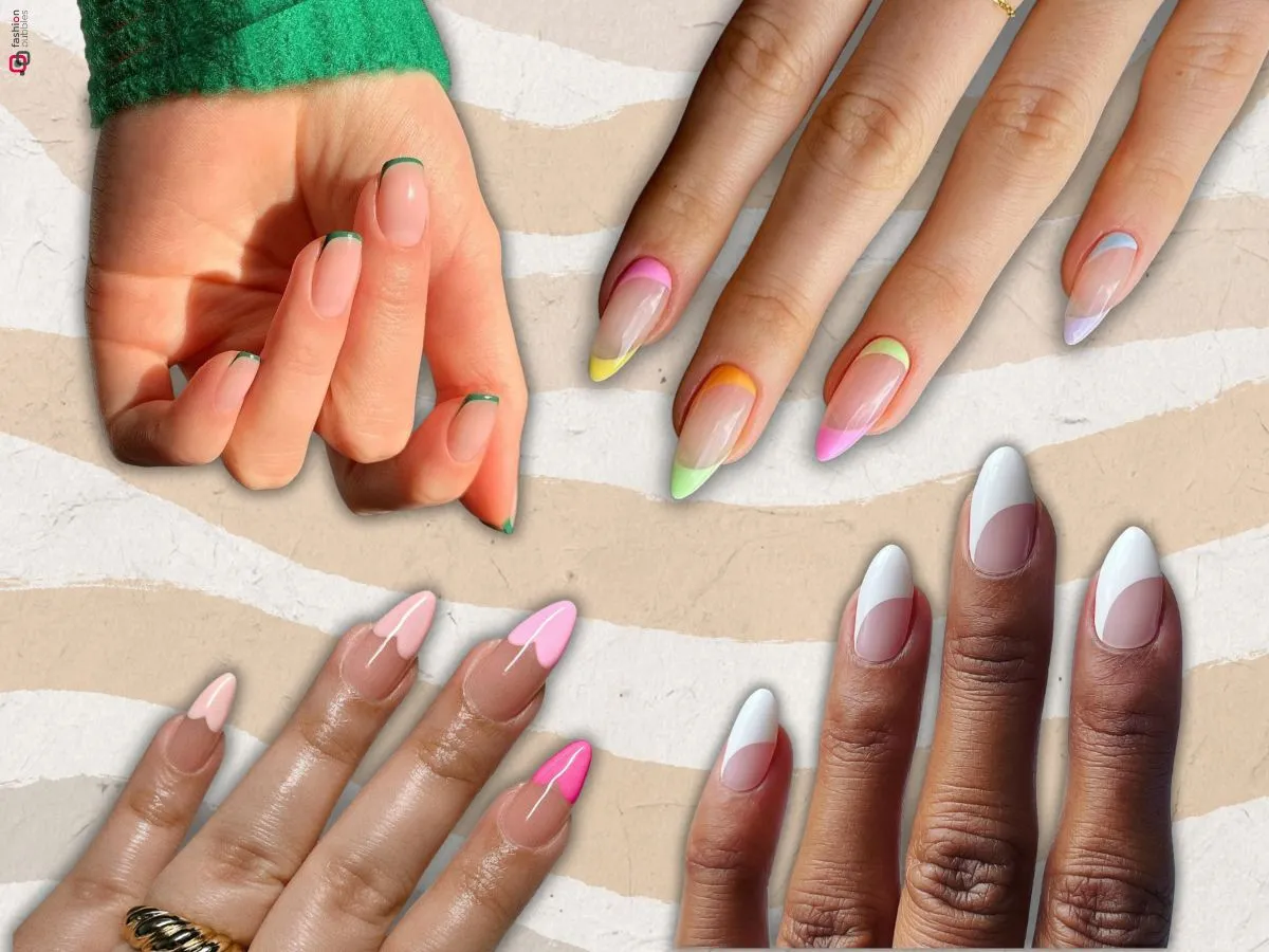 Montagem com 4 ideias de unhas francesinha decoradas em fundo de listras cores neutras.