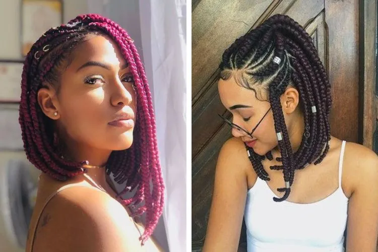 Montagem com 2 ideias de Trançado africano rente no couro cabeludo, só na lateral, mixado com bos braids, cabelo pink e castanho escuro
