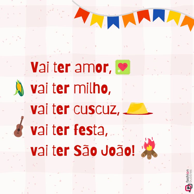 Frase do Dia de São João escrita em fundo xadrez rosa com desenhos de bandeirinha, milho, curcuz, fogueira