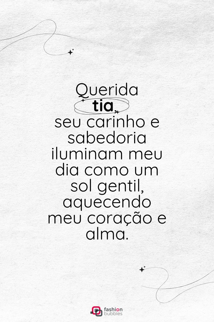 A imagem apresenta um fundo branco com linhas finas e sutis em cinza e pequenos brilhos. O texto principal em preto diz: "Querida tia, seu carinho e sabedoria iluminam meu dia como um sol gentil, aquecendo meu coração e alma."






A imagem apresenta um fundo cinza claro com um post-it amarelo ao centro, preso por um clipe de papel e com um pequeno coração rosa. No post-it está escrito: "Memórias preciosas construídas ao seu lado são como flores raras em meu jardim da vida, perfumando cada etapa com amor incondicional." Acima, "Dia dos Tios" e abaixo, "21 de setembro".









