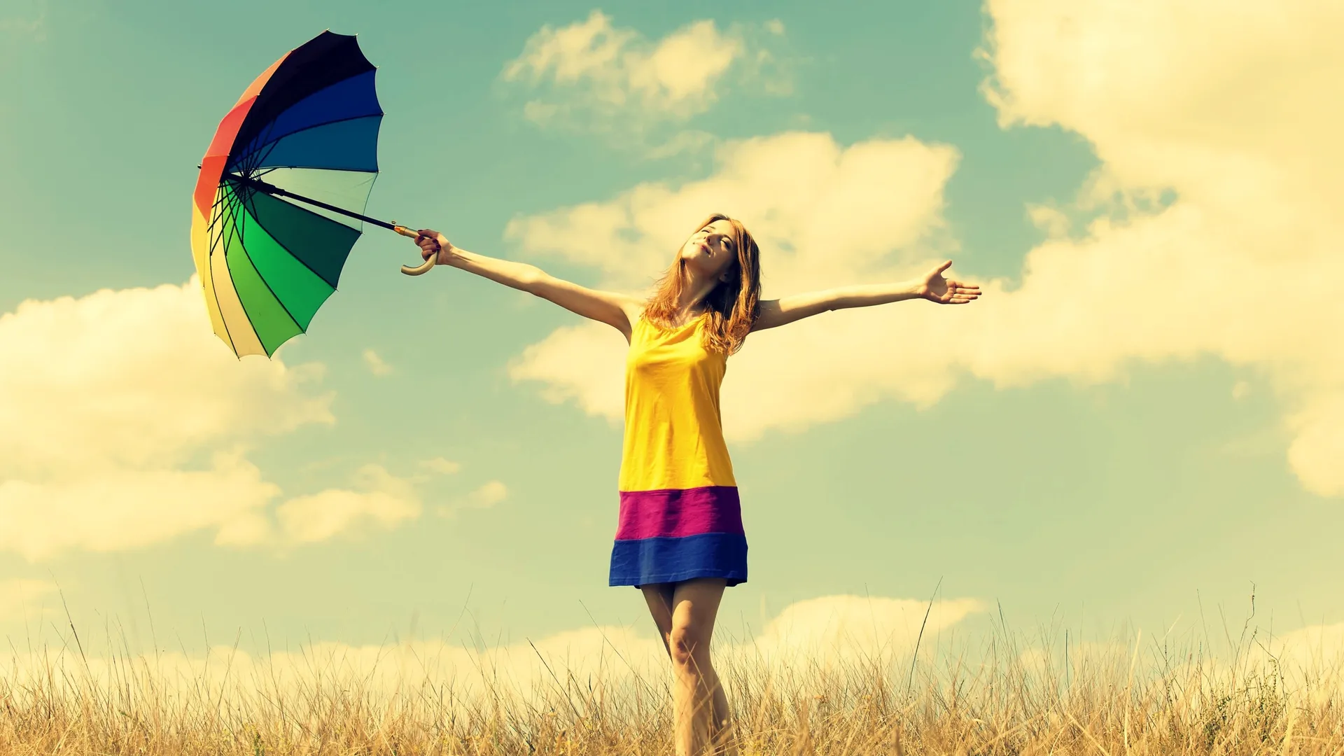Felicidade - Happiness-girl-rainbow-umbrella-warmth-nature-sky-clouds_