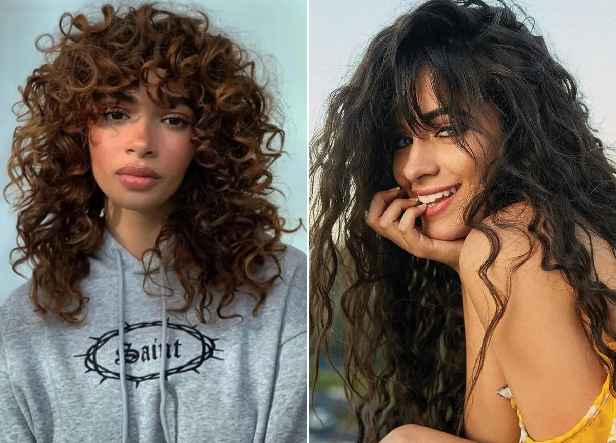 Cabelo longo e enrolado com franja