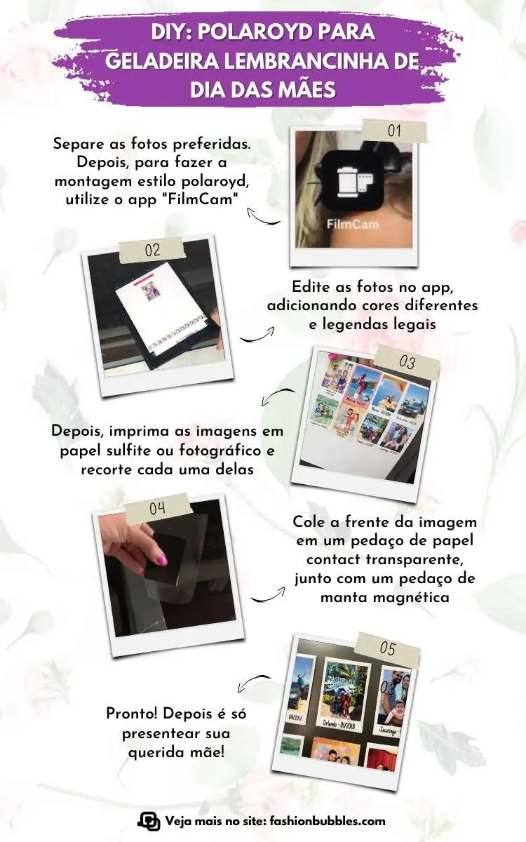 Montagem com 5 passos de como fazer  polaroyd para geladeira lembrancinha de Dia das Mães.