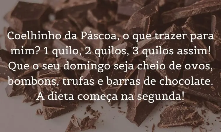 Foto de raspas de chocolate e frase: Coelhinho da Páscoa, o que trazer para mim? 1 quilo, 2 quilos, 3 quilos assim! Que o seu domingo seja cheio de ovos, bombons, trufas e barras de chocolate. A dieta começa na segunda!
