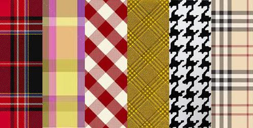 Amostras dos padrões Tarntan, Mandras, Vichy, Príncioe de Gales, Pied-de-poule, Burberry