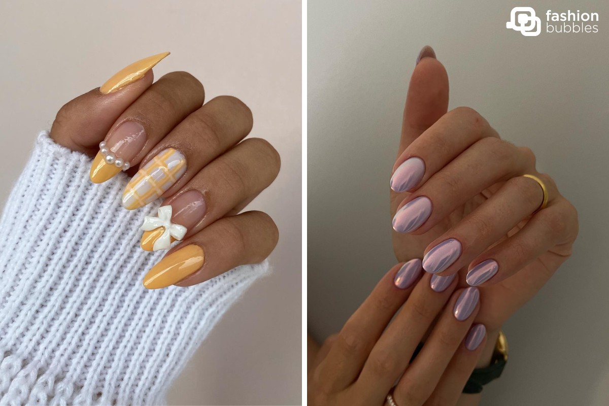Montagem com duas fotos de unhas decoradas que aparecem na matéria: uma de mulher de pele negra com unha estilo coquette amarela no formato almond e outra de mulher de pele clara usando unha arredondada curta cromada em rosa claro