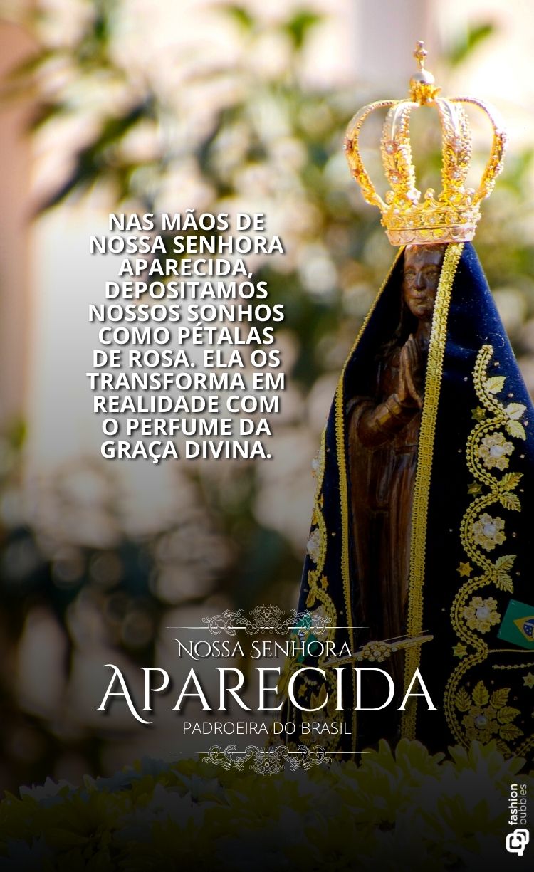 Escultura de Nossa Senhora Aparecida com manto azul e coroa dourada, em um fundo desfocado. O texto descreve que "Nas mãos de Nossa Senhora Aparecida, depositamos nossos sonhos" e a nomeia como "Padroeira do Brasil".