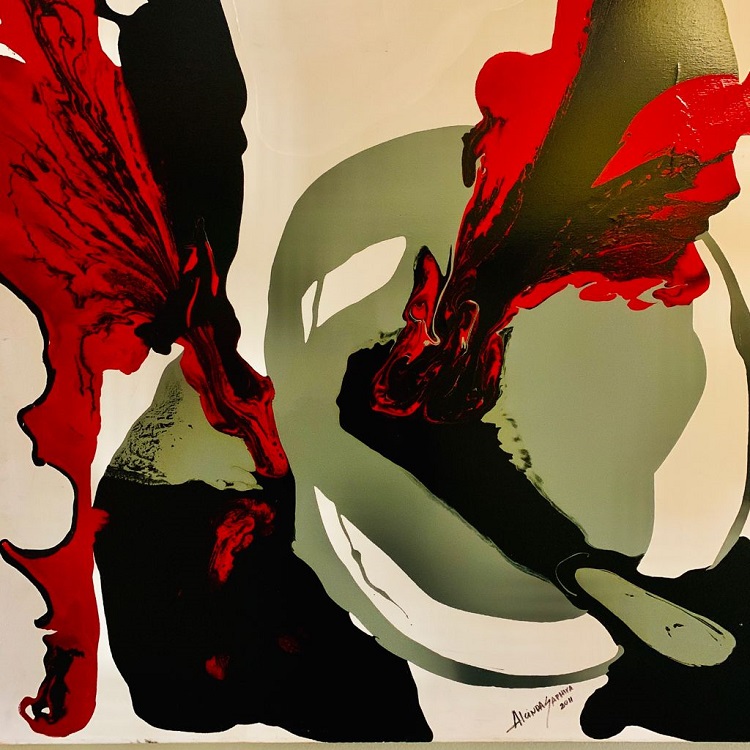 Pintura em tons de cinza, preto e vermelho