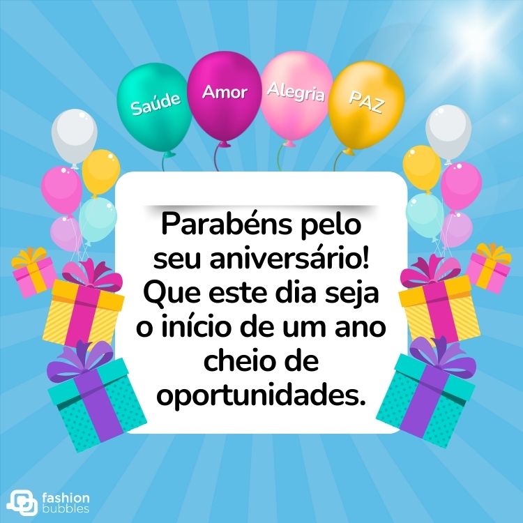Imagem de fundo azul com quadro branco escrito "Parabéns pelo seu aniversário! Que este dia seja o início de um ano cheio de oportunidades." e balões com presentes ao redor