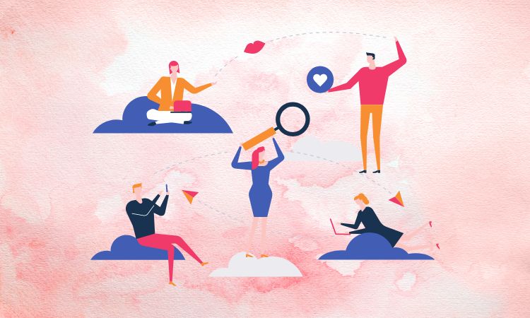 ilustração de mulher segurando lupa e procurando namoro online