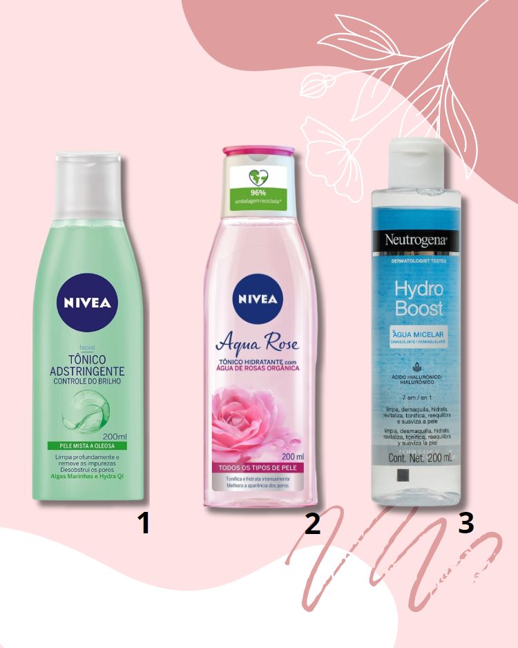 Montagem com 3 produtos tonificantes para a ele do rosto da Amazon - skincare