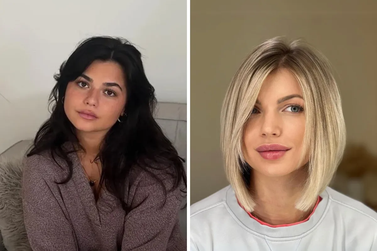 Montagem com duas fotos que aparecem na matéria: Mulher de pele clara usando casaco e curtain bangs en cabelo longo e mulher de pele clara usando chanel de bico loiro, ambas com rosto redondo