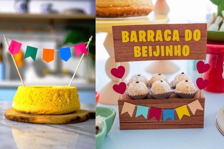 A imagem representa bolo decorado com bandeirinhas de festa junina e barra do beijinho feita de papel