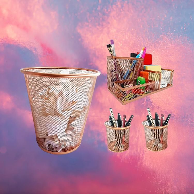 Kit Organizador Porta Caneta e Lixeira Rose Gold Escritório