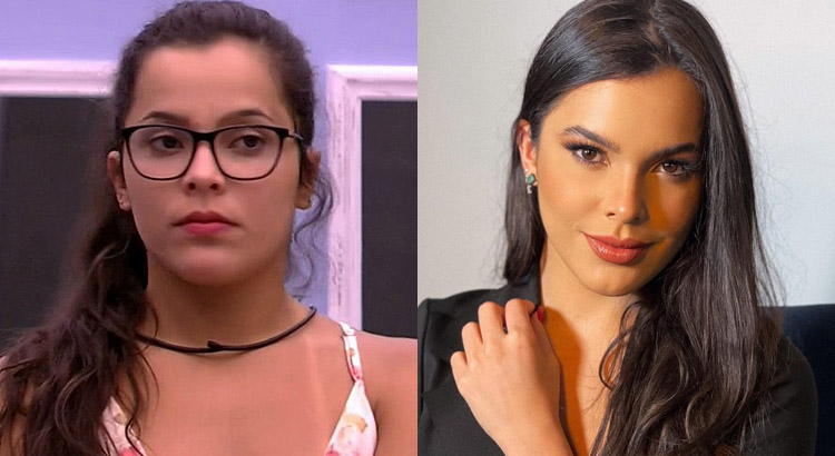 Montagem com duas fotos de Emily Araujo , uma na época do BBB e outra atualmente 