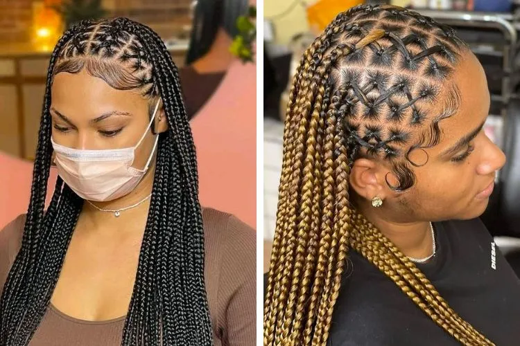 Montagem com 2 ideias de Trançado africano rente no couro cabeludo desenhado que forma vários X na cabeça