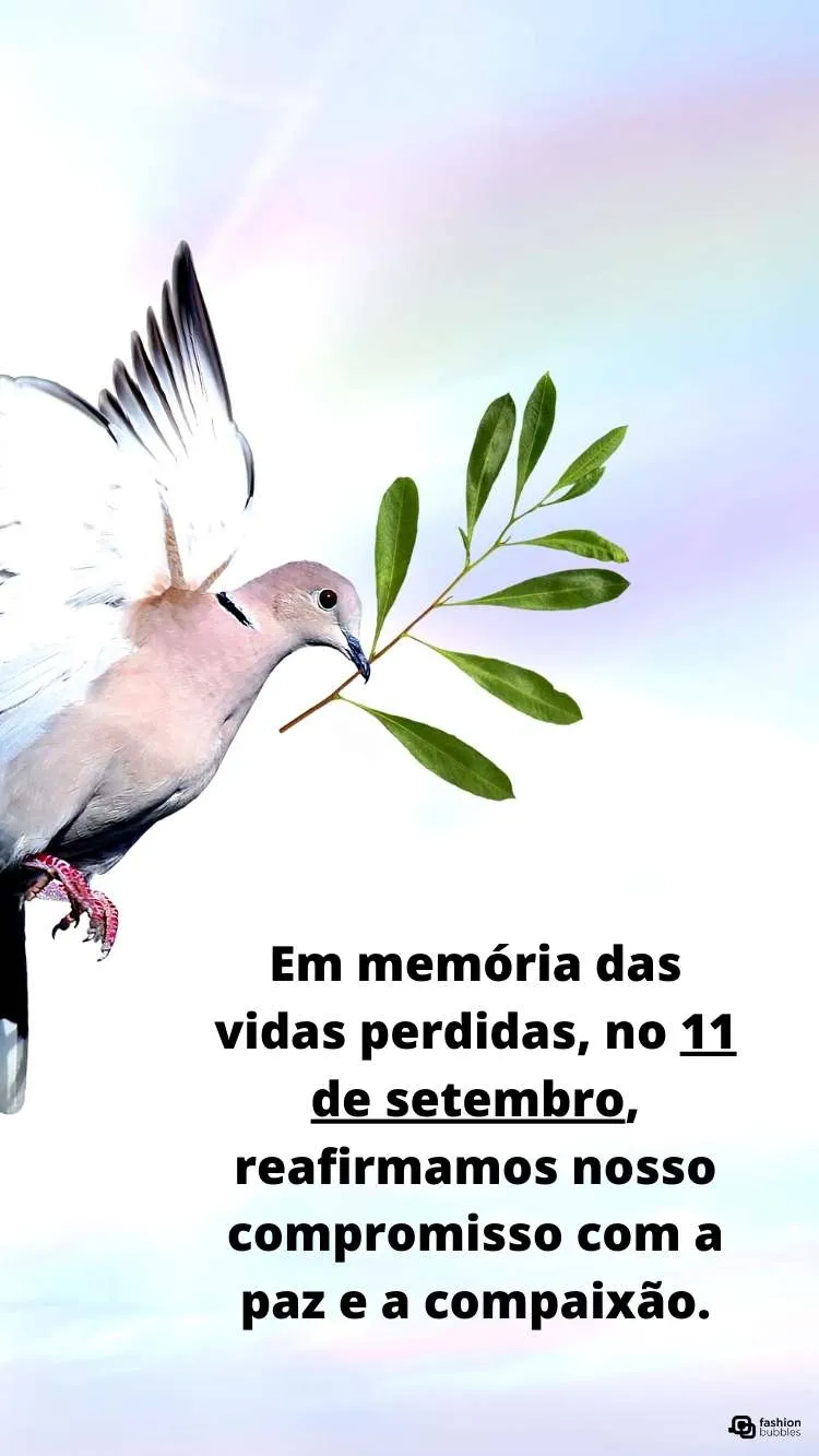 Frase escrita em fundo lilás e azul, com pomba segurando galho de folhas
