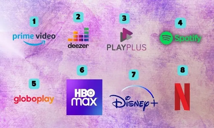 Montagem de fundo lilás com foto de logo dos streamings: prime video, deezer, play plus, apotify, globoplay, max, disney+ e netflix