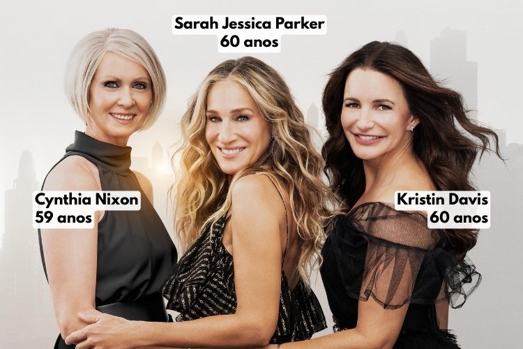 Montagem com foto das atrizes de And Just Like That... em 2025