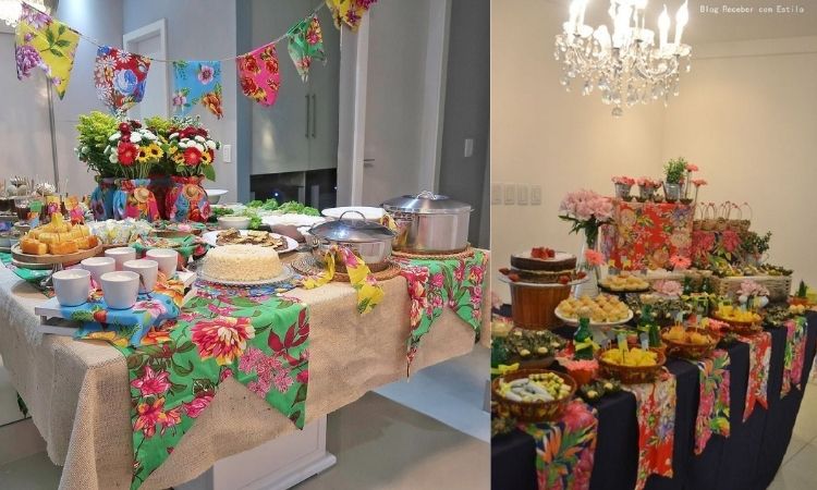 A imagem representa decoração para festa junina. Contém doces e comidas típicas, bandeirinhas, arranjos de flores, toalhas coloridas