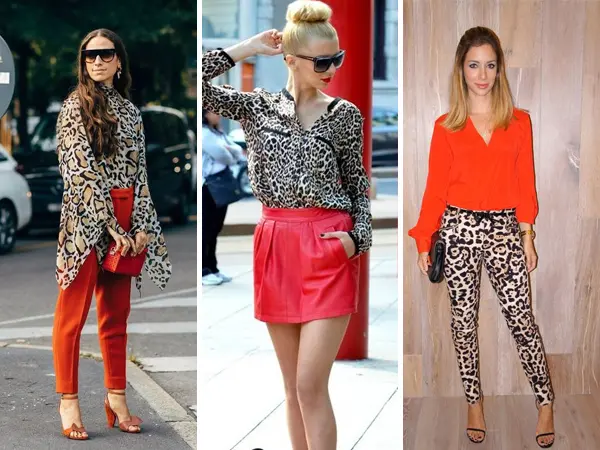 Montagem com 3 fotos de mulheres de pele clara. A primeira usa blusa animal print e calça vermelha; a segunda usa camisa de onça e saia curta vermelha e a terceira usa camisa vermelha com calça skinny onça
