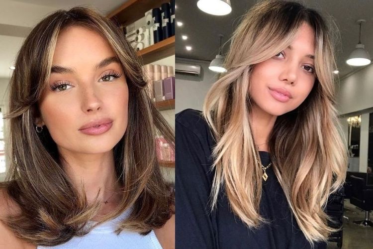 Duas fotos de mulheres com curtain bangs cabelo liso