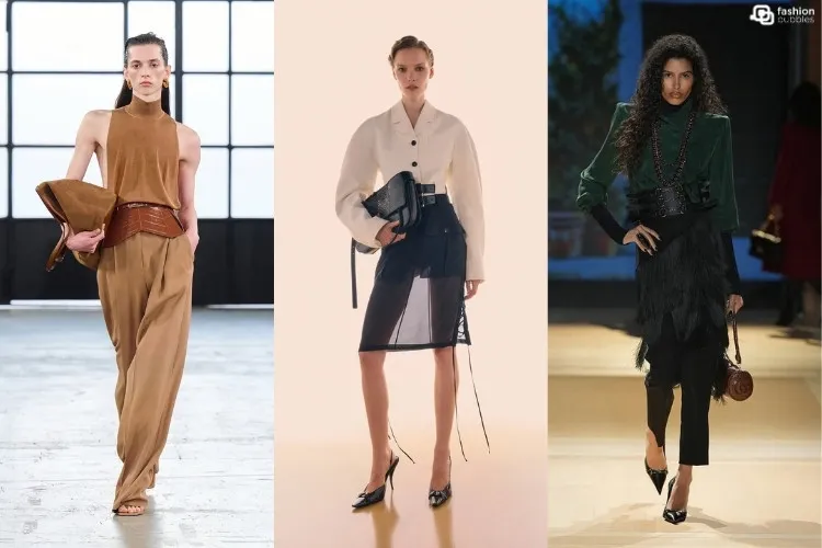 Modelos na passarela usando look com cinto, uma das tendências da Semana de Moda de Milão Primavera Verão 2027