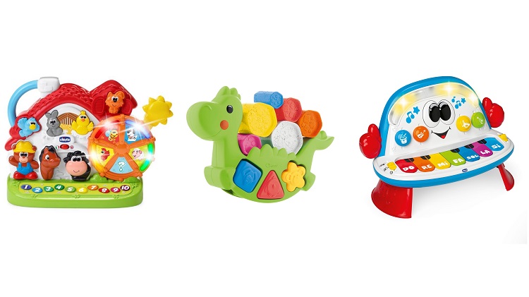3 opções de brinquedos da Chicco, em fundo branco