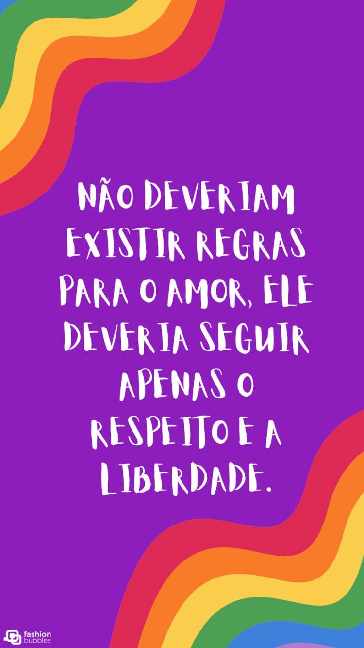 Cartão virtual de fundo roxo com faixas onduladas coloridas e frase "Não deveriam existir regras para o amor, ele deveria seguir apenas o respeito e a liberdade."