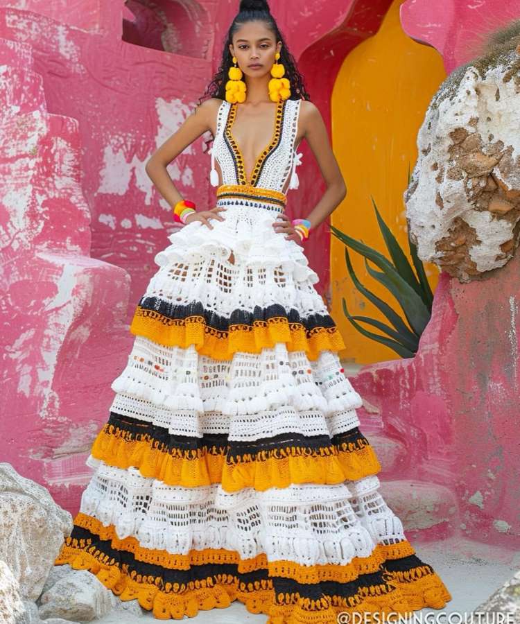 Uma modelo posa em um vestido de crochê branco com decote em V profundo. O vestido apresenta camadas de babados brancos, pretos e laranja, com punhos em laranja e preto. A modelo usa brincos de tassel amarelos e pulseiras coloridas, em um fundo roxo e laranja.