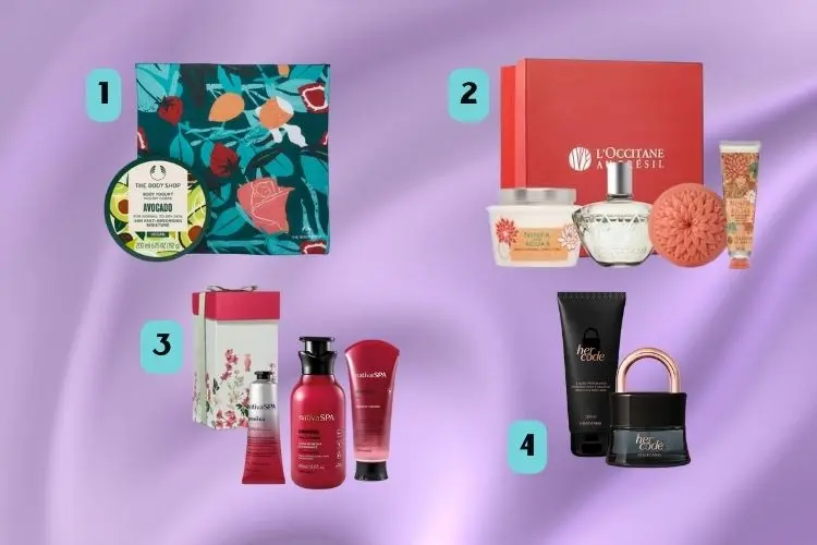 Montagem de fundo lilás com fotos de kits de produtos corporais, como hidrante de avocado; perfume, sabonete e cremes da l'Occitane, Kit Nativa Spa Boticário e hidratante e perfume Her Code.