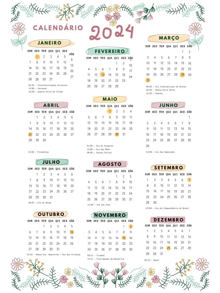Calendário florido em tons pastéis 2024 