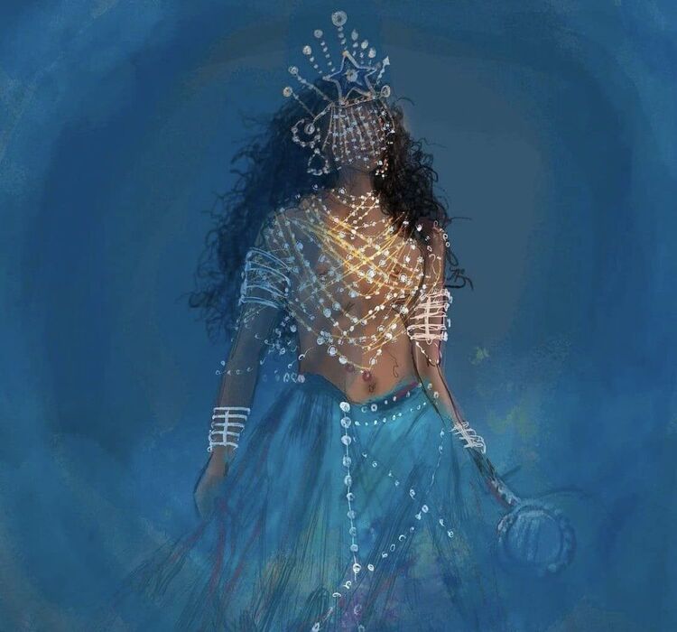 Ilustração de Iemanjá em fundo azul-escuro