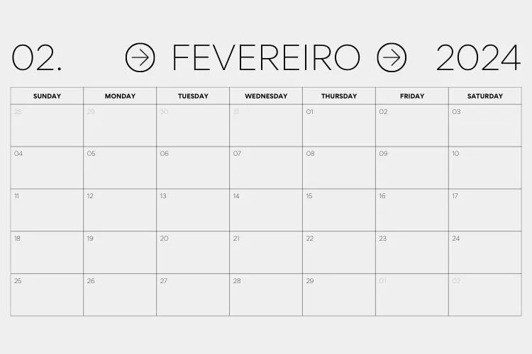 Calendário de fevereiro de 2024