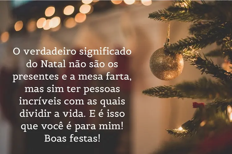 Foto de árvore natalina e frase: O verdadeiro significado do Natal não são os presentes e a mesa farta, mas sim ter pessoas incríveis com as quais dividir a vida. E é isso que você é para mim! Boas festas!