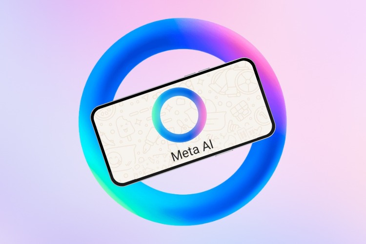 A imagem apresenta um fundo em tons suaves de rosa e azul. No centro, há um círculo tridimensional com gradientes de azul e rosa. Sobreposto ao círculo, está um smartphone exibindo a tela com o texto "Meta AI" e um pequeno círculo colorido. O design é moderno, simbolizando a integração da inteligência artificial no WhatsApp.


