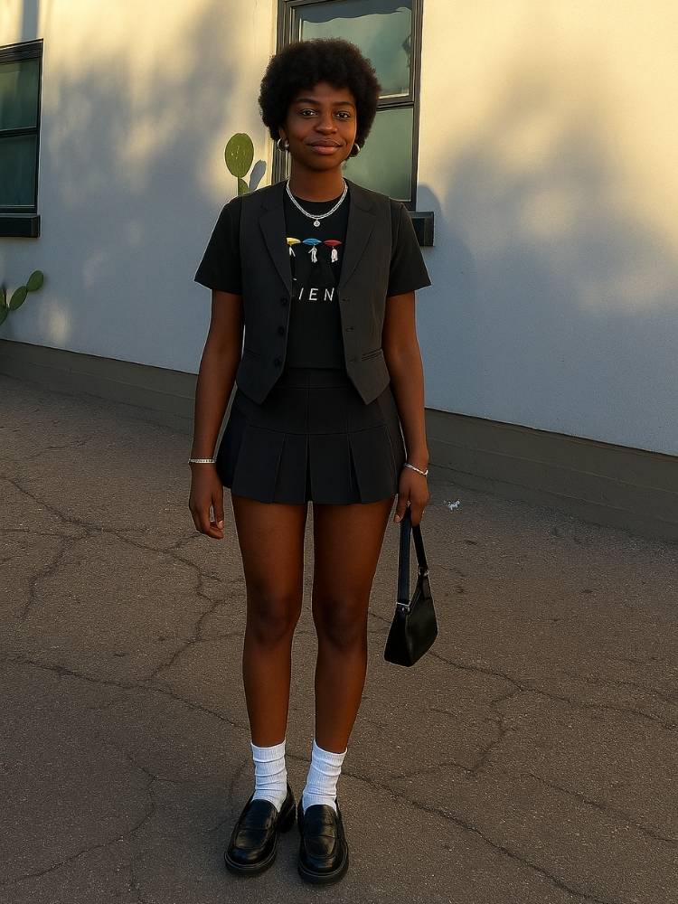 Foto de mulher usando camiseta preta de Friends da ALIZI com colete de alfaiataria, saia plissada, meia branca e mocassim preto
